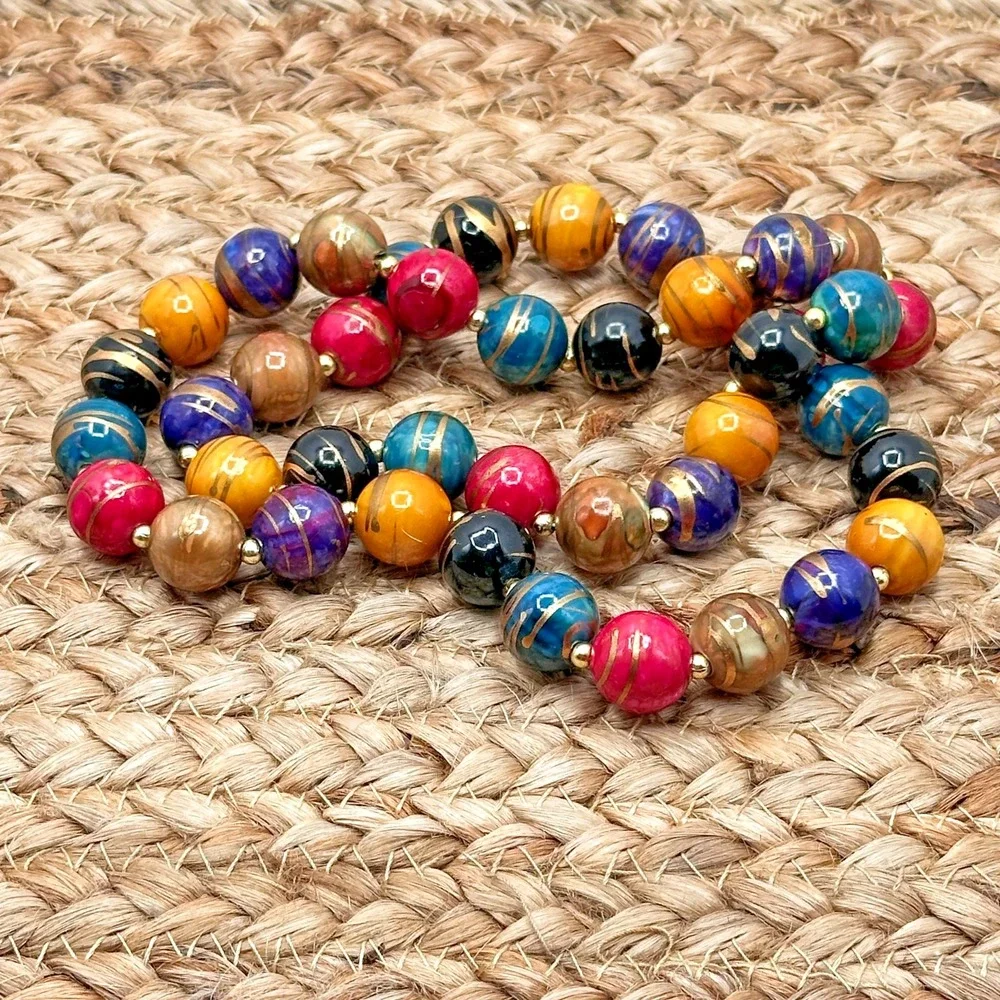 Vintage 80s 90s Multicolor Acrylic Beaded Necklace Magenta Teal Purple Retro 30" - Picture 4 of 6